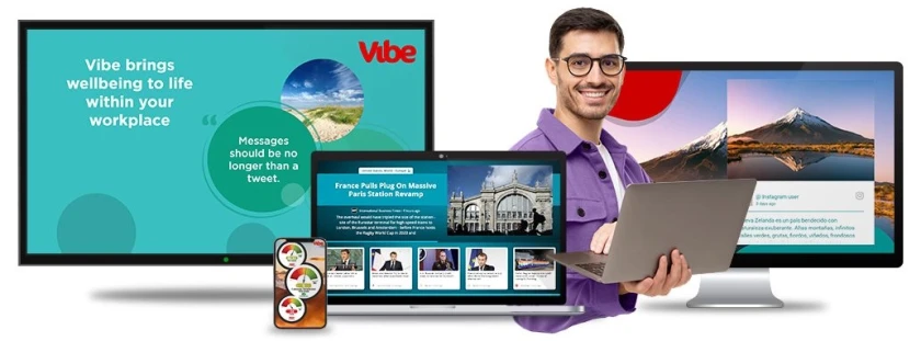 Digital screens showcasing Vibe.fyi communication