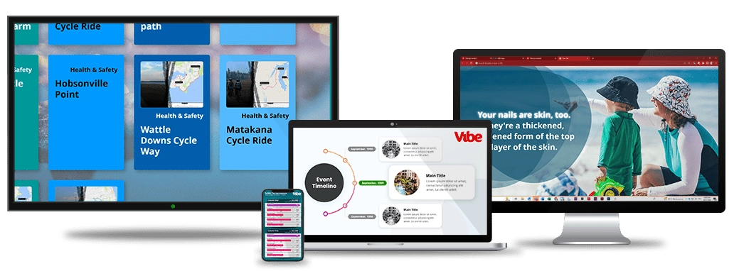 Vibe.fyi content displayed across multiple devices: digital signage, screensaver, and mobile phone