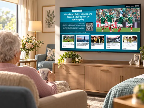 Aged care resident watching news on a Vibe in-room TV channel