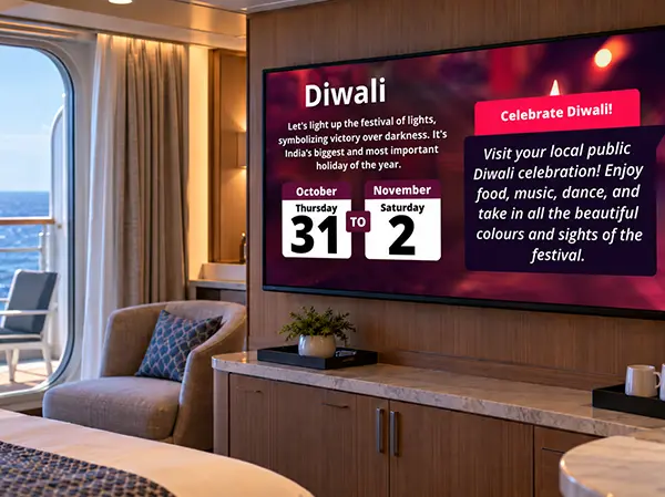 Cruise ship cabin TV showing a Vibe event announcement