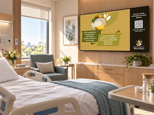 Hospital patient room TV showing Vibe wellbeing content