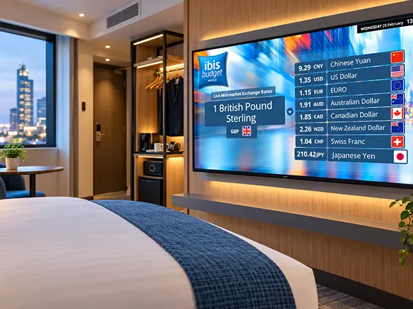Hotel room TV showing a branded Vibe channel with live exchange rates