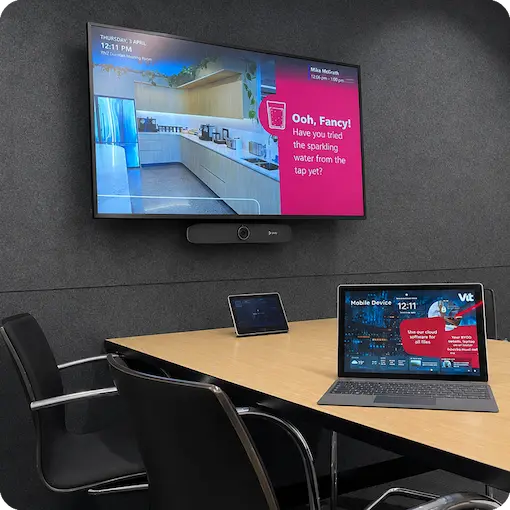 Microsoft Teams Room screen displaying visitor welcome messaging