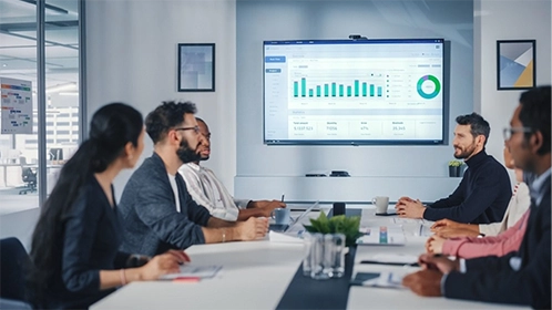 Meeting room with digital signage automatically switching