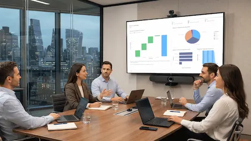 SharePoint and Power BI content displayed on a Microsoft Teams Room screen