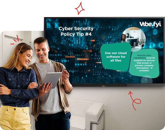 Various digital screens displaying Vibe content, including a large digital sign and a laptop