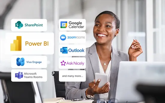 Digital screens showing various software integrations