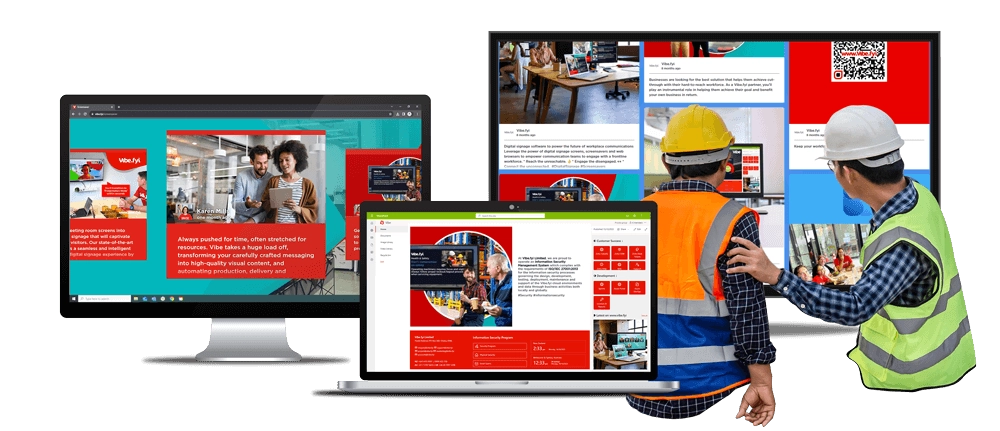 Vibe integrated with Viva Engage displaying on multiple devices like laptop, tablet, and mobile