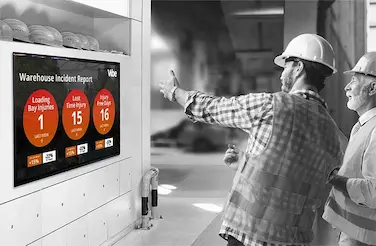 Digital signage screen displaying Vibe.fyi workplace content