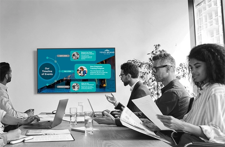 Meeting room screen with Vibe.fyi signage