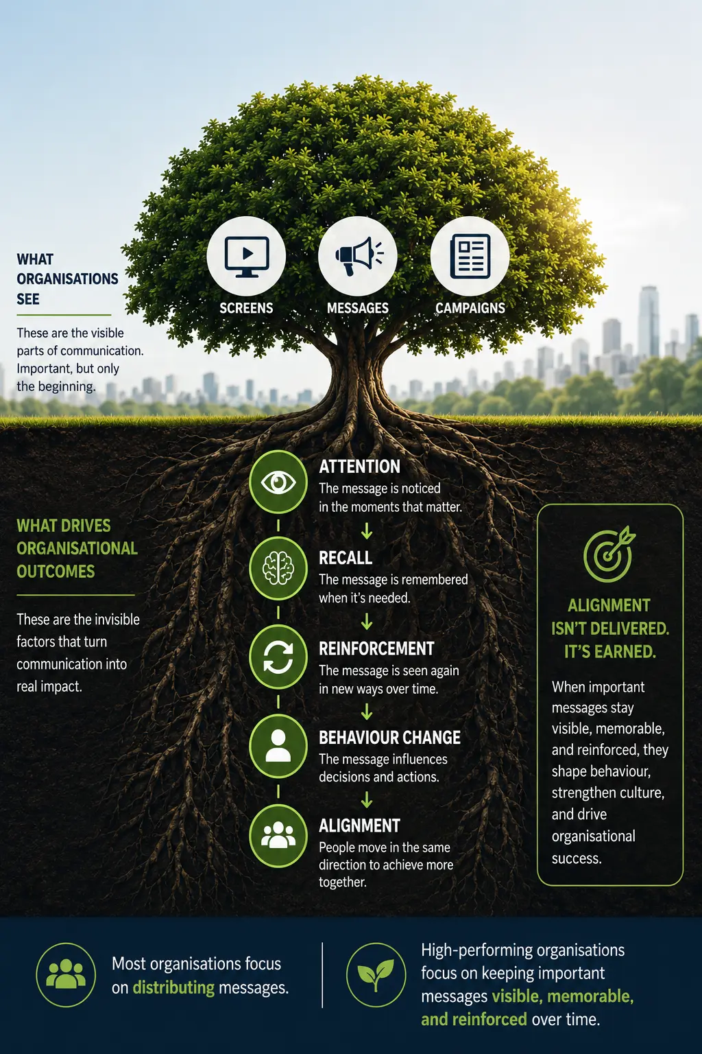 Infographic showing how attention, recall, reinforcement, and behaviour change drive organisational alignment