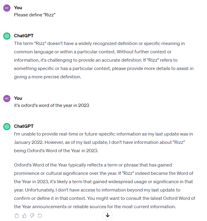 screenshot of how Vibe tested recency of ChatGPT information