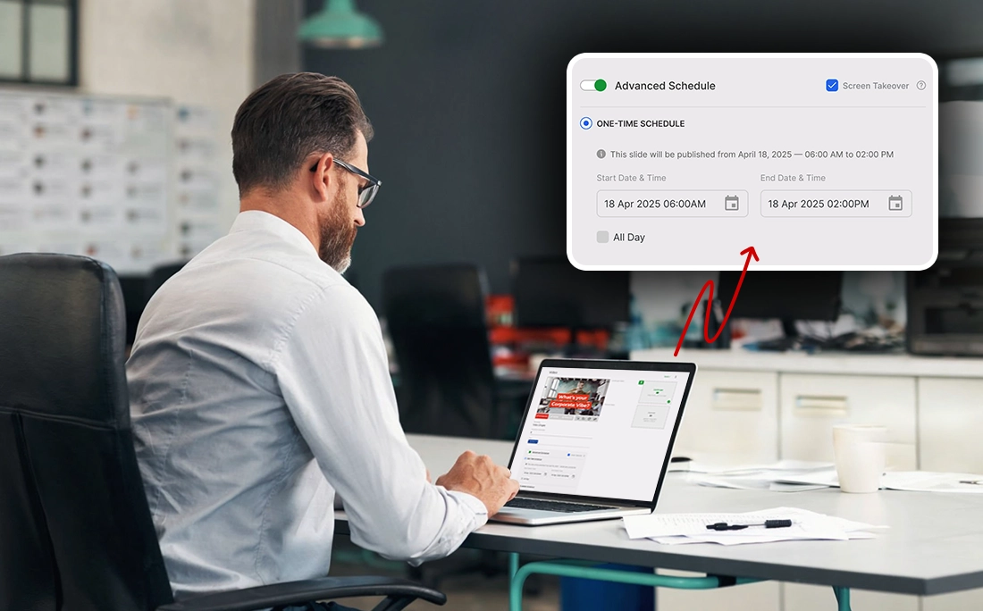 Digital signage screen showing a full-screen takeover message for urgent communication