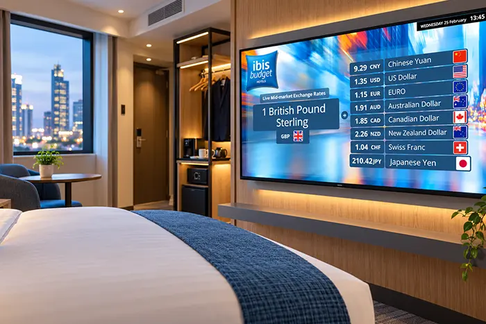 Hotel guest room TV showing a branded Vibe channel with live exchange rates