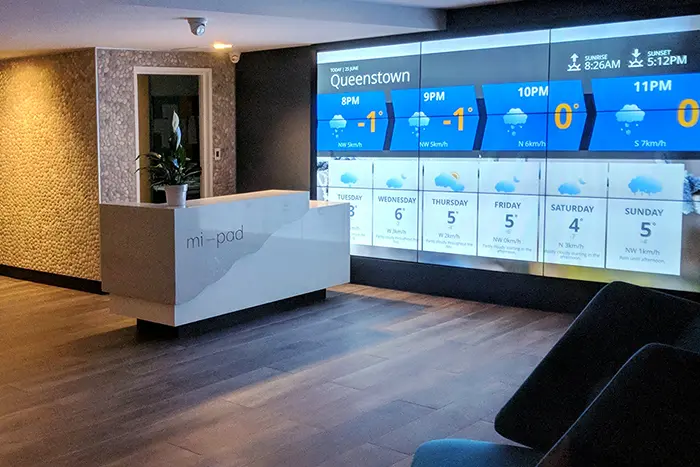Hotel lobby video wall managed with Vibe digital signage