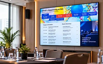 Hotel meeting room screen with event announcement